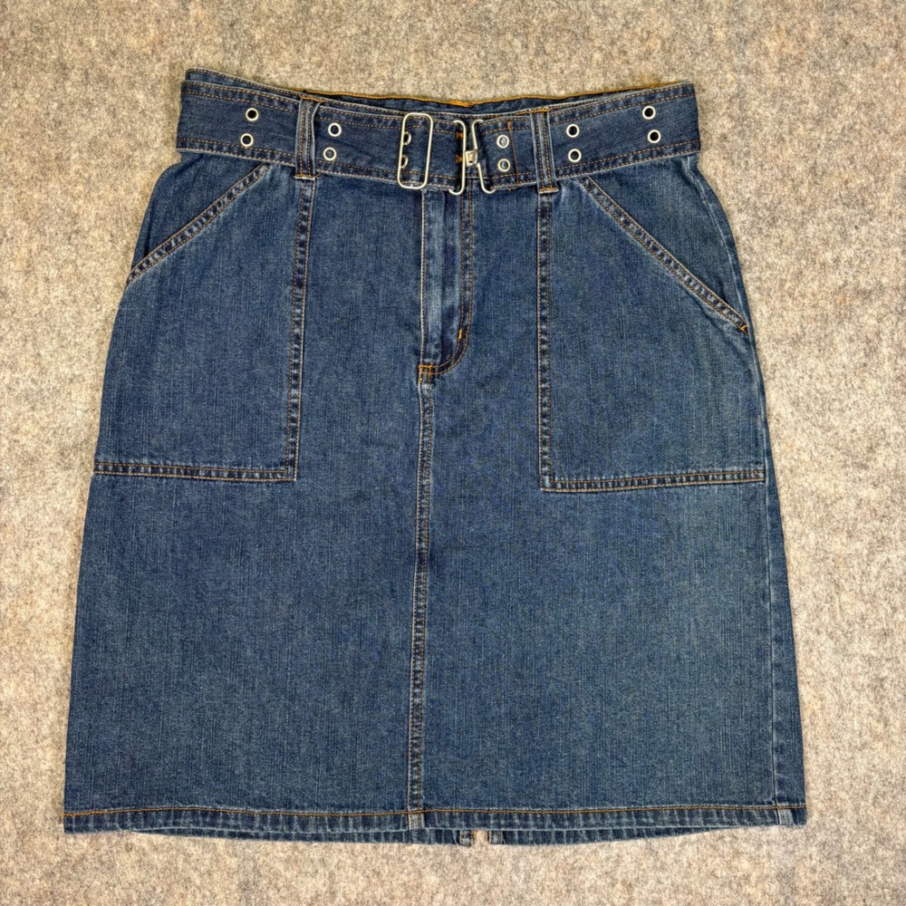 Bill Blass Jeanswear Denim‎ Skirt Womens 8 Blue VTG Belted Grommet A-Line Jean